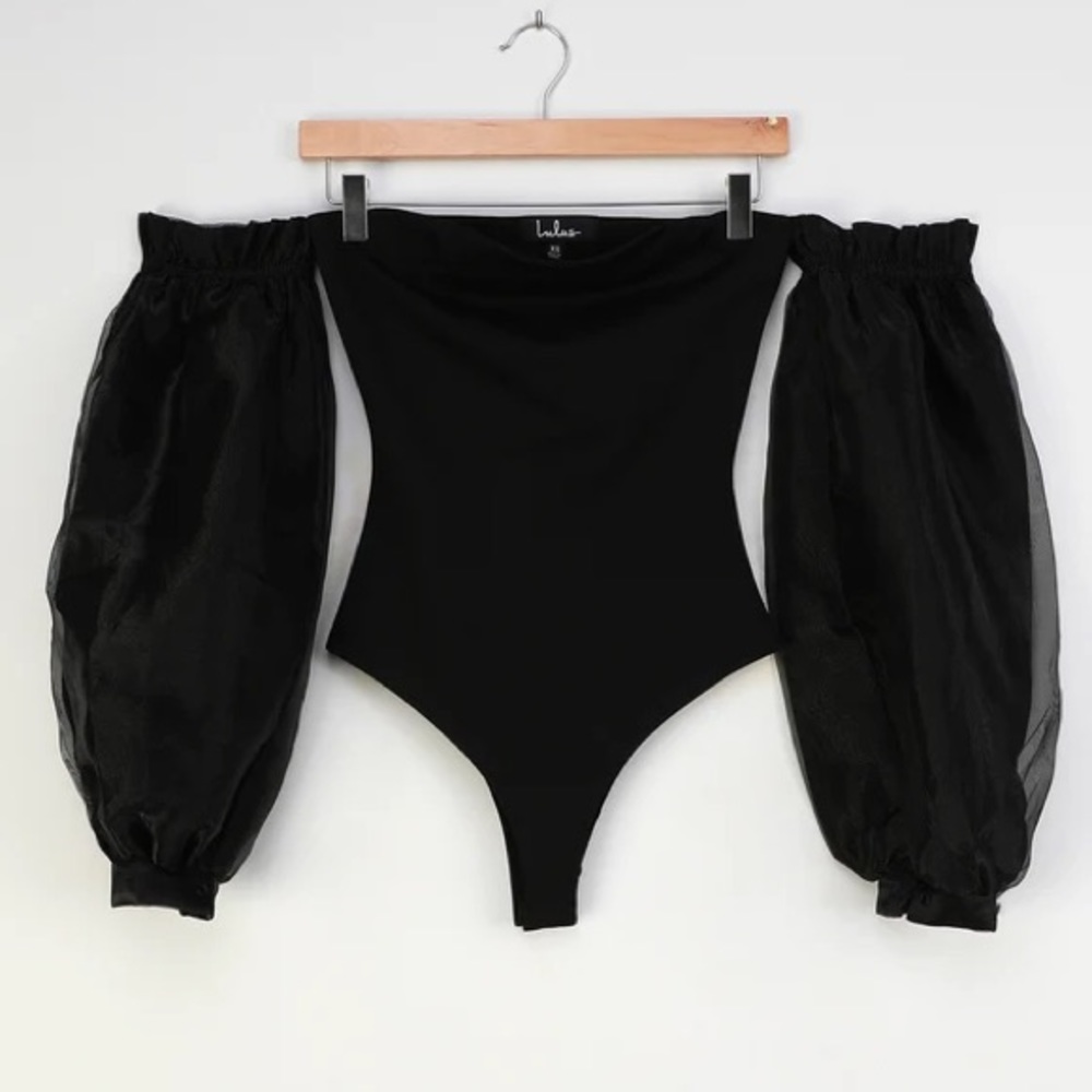 Lulus Hyped Up Black Organza Sleeve Off-the-Shoulder Bodysuit